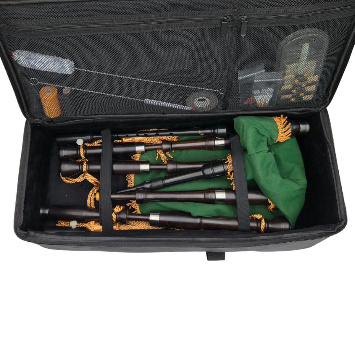 Gibson Pipe Case loaded with bagpipes and organized storage